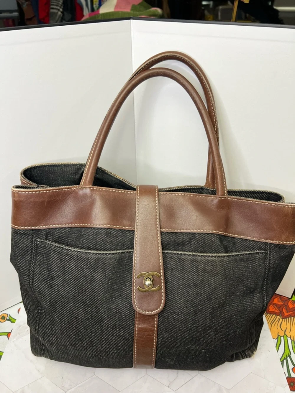 CHANEL Black Denim Tote with Brown Leather Trim and Gold CC Turnlock Accent - Picture 2 of 11